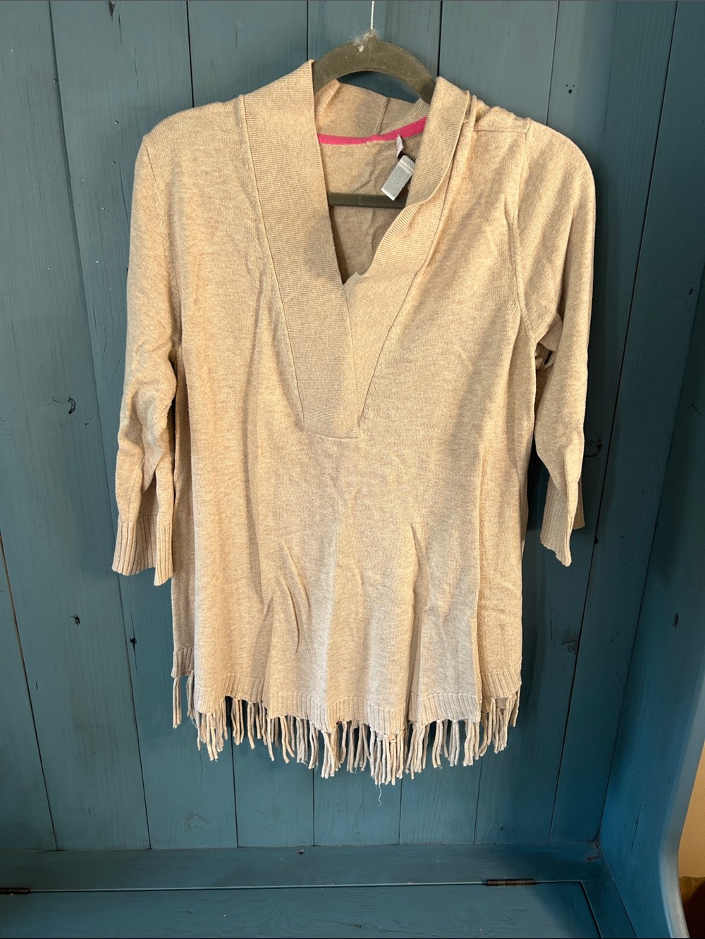Isaac Mizrahi Cream V-Neck Fringe Pullover | Women’s Size Large Fall Classic